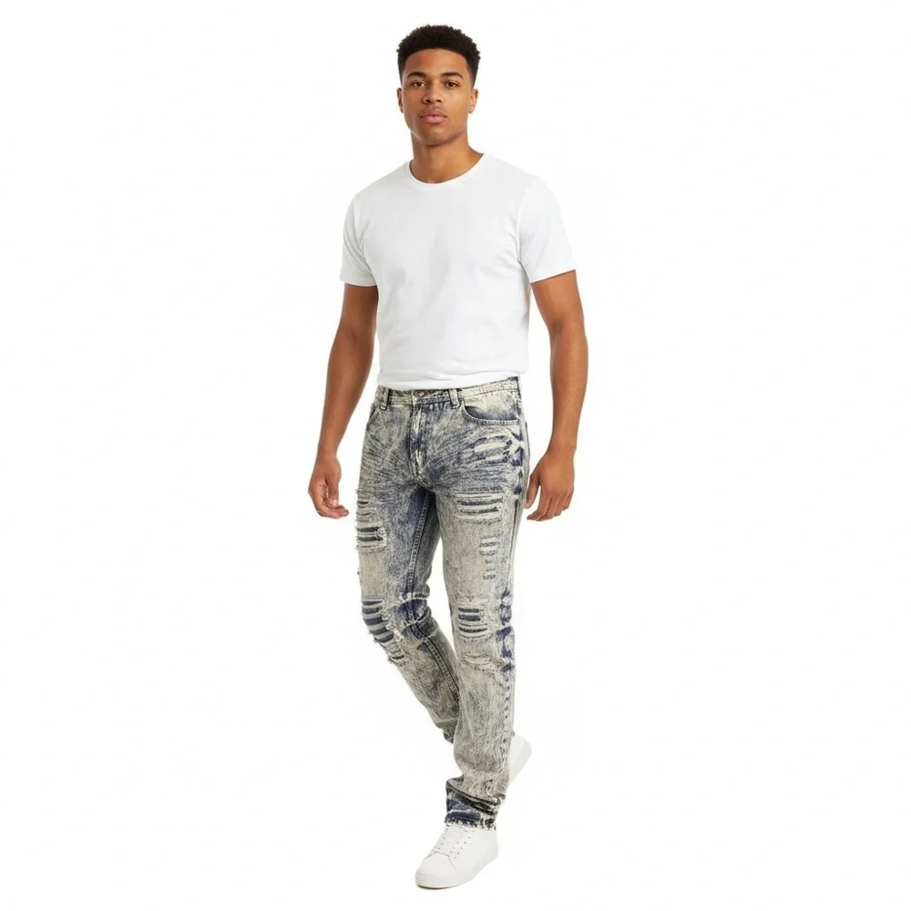 Contender Jeans Mens Blue Acid Wash Distressed Frayed Stacked‎ Streetwear Grunge